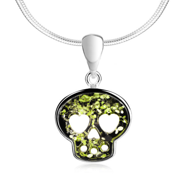 Zawieszka srebrna z zielonym bursztynem - Love skull