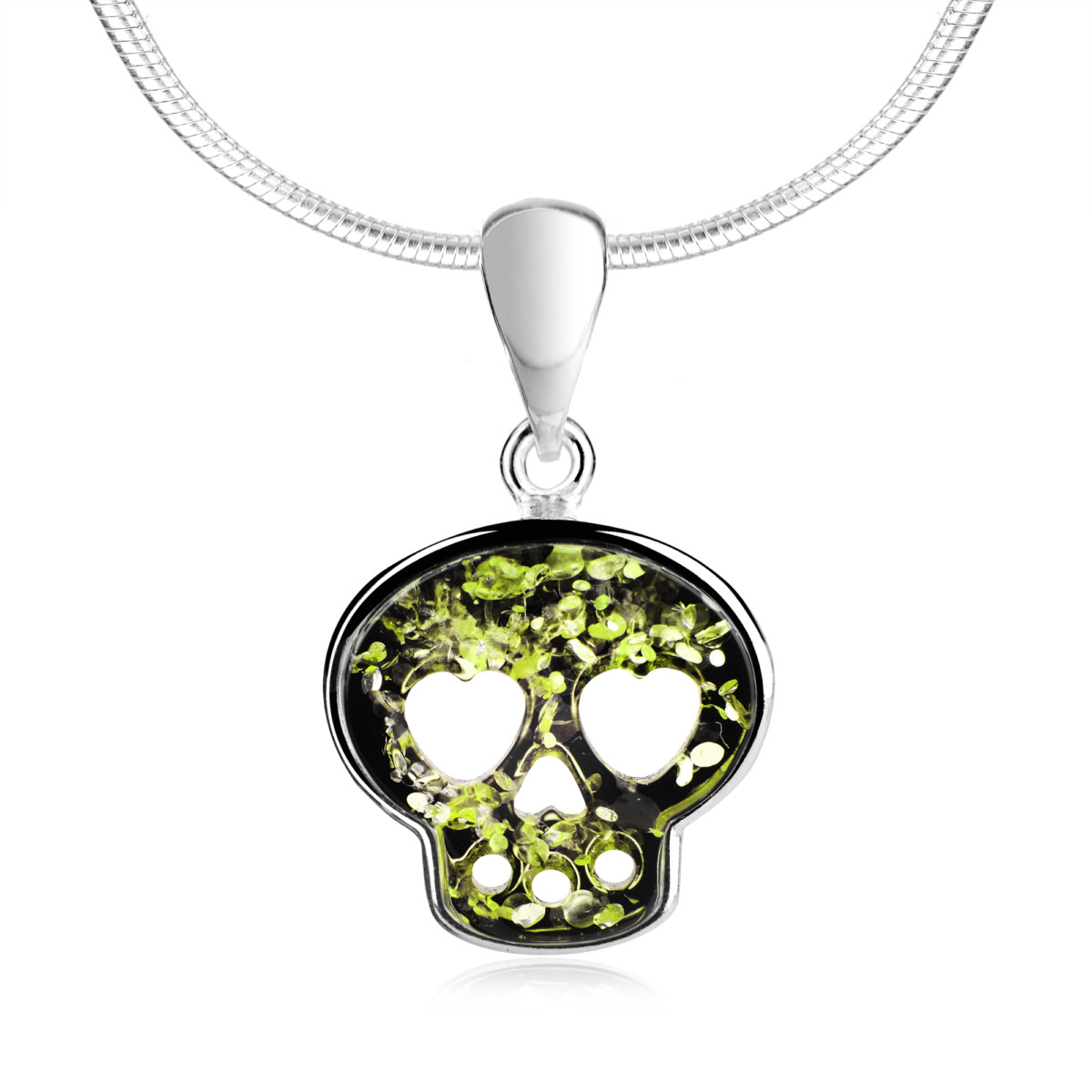 Zawieszka srebrna z zielonym bursztynem – Love skull