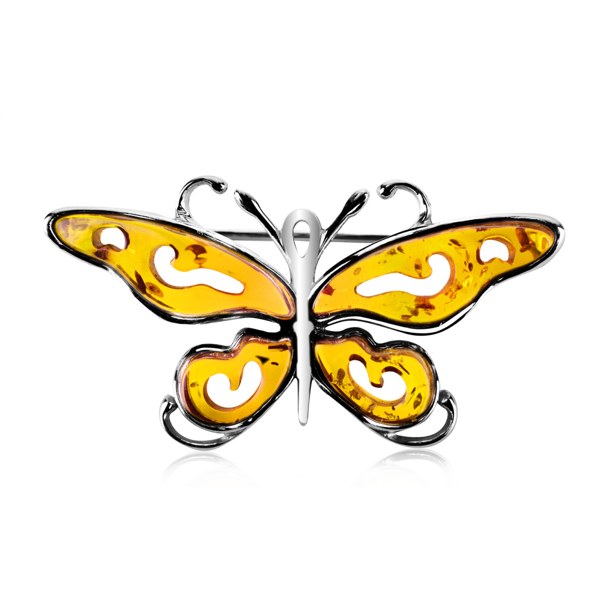 Broszka srebrna z koniakowym bursztynem – Butterfly 01