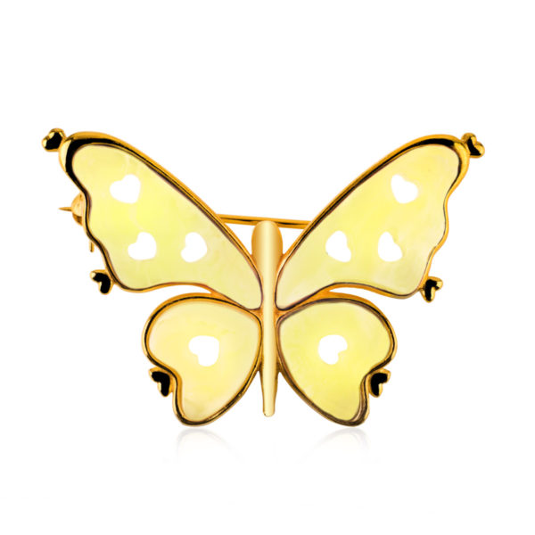 Broszka srebrna pozłacana z mlecznym bursztynem – Butterfly 03