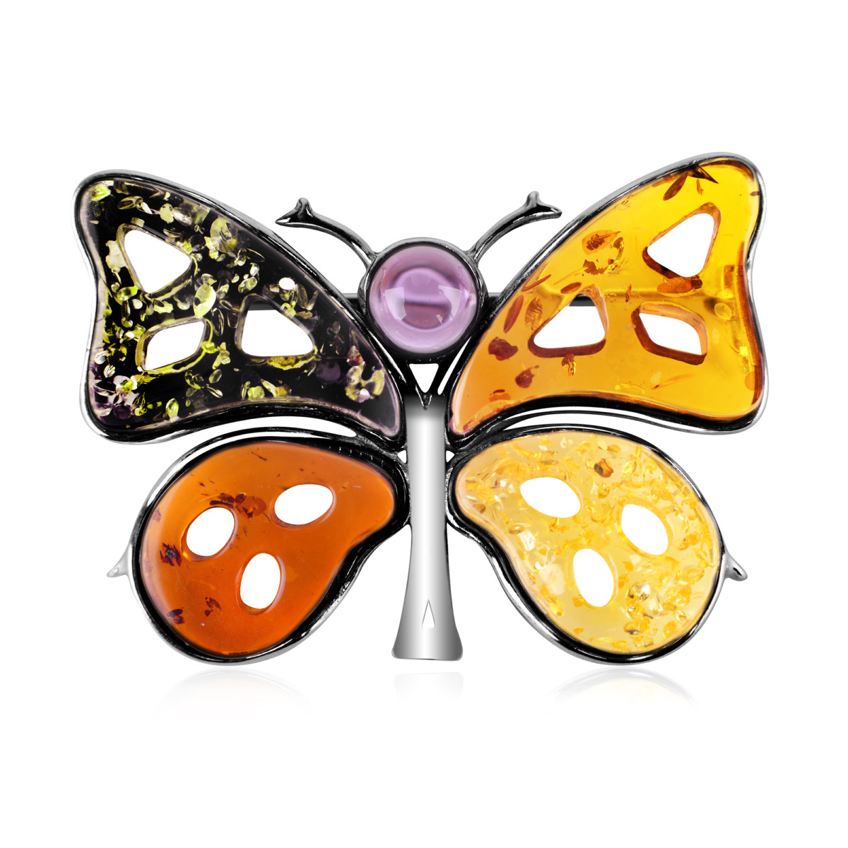 Broszka srebrna mix kolorów bursztyn ametyst – Butterfly 04
