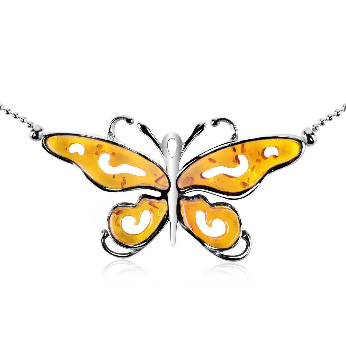 Kolia srebrna z koniakowym bursztynem – Butterfly 01