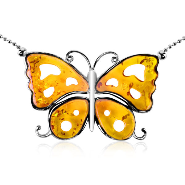 Kolia srebrna z koniakowym bursztynem – Butterfly 02
