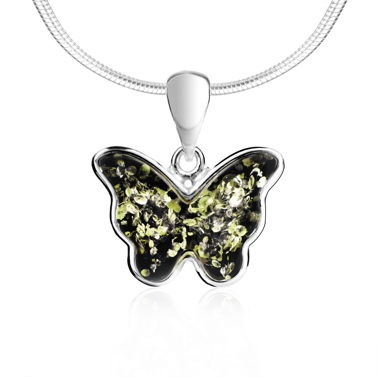 Zawieszka srebrna z zielonym bursztynem – Butterfly