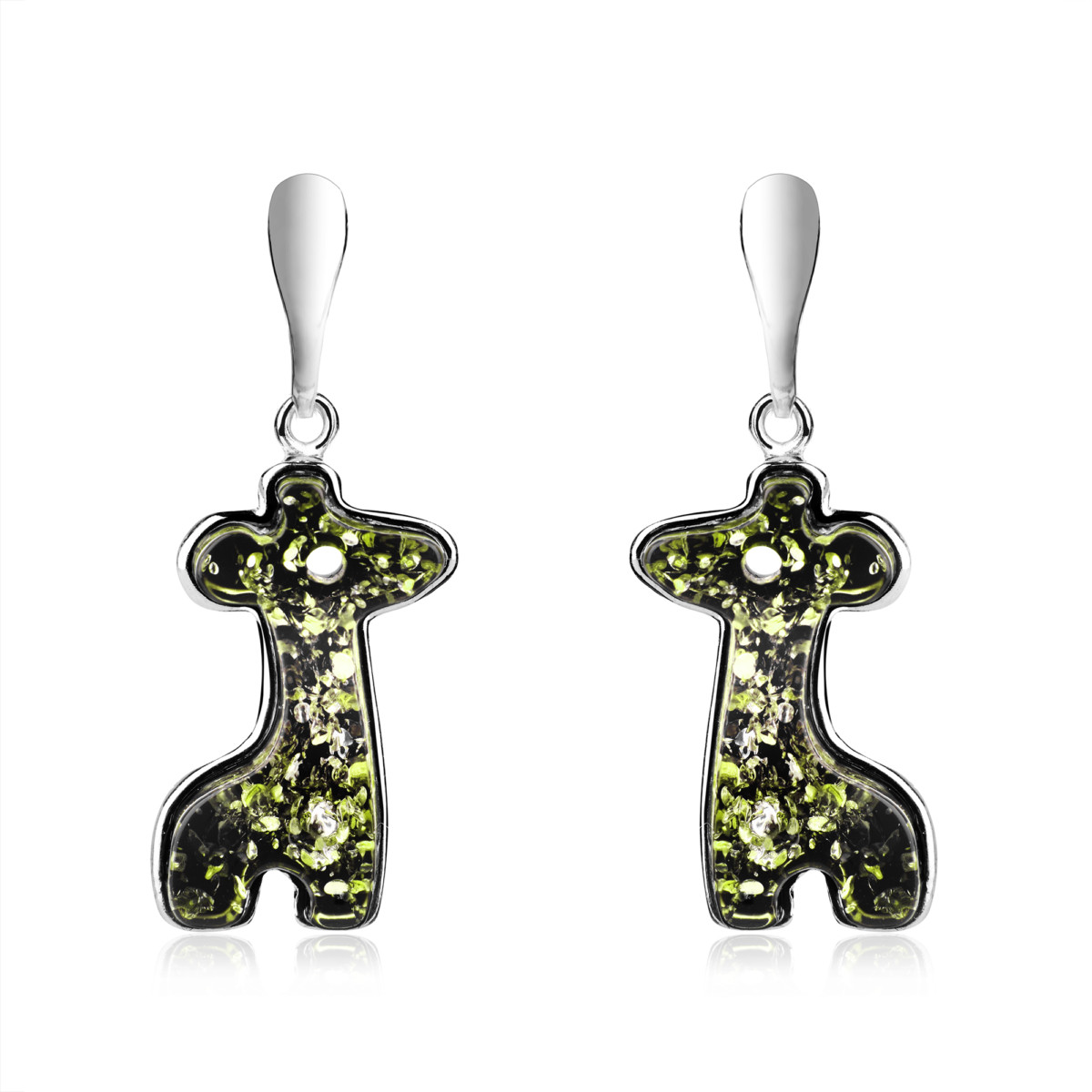 Kolczyki srebrne z zielonym bursztynem – Giraffe