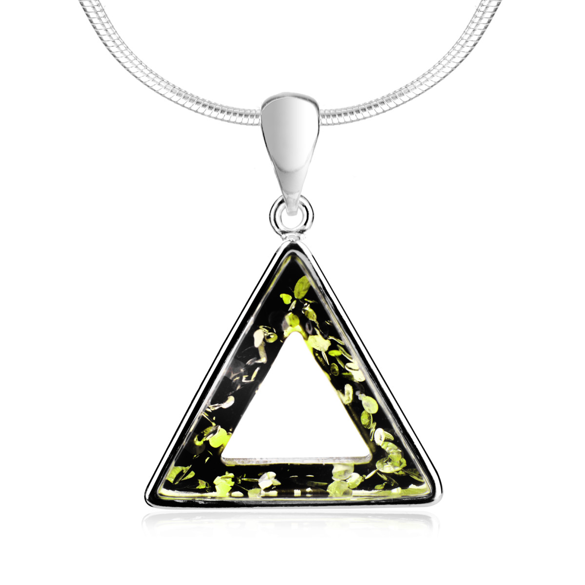 Zawieszka srebrna z zielonym bursztynem – Triangle