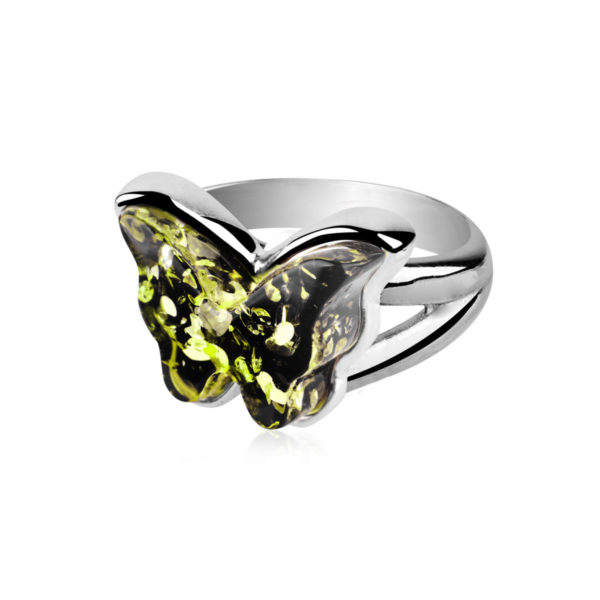 Pierścionek srebrny bursztyn zielony – Butterfly mini