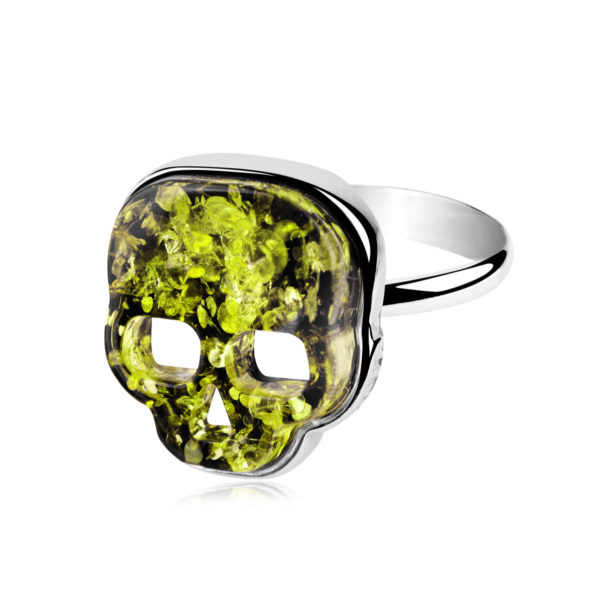 Pierścionek srebrny bursztyn zielony – Skull